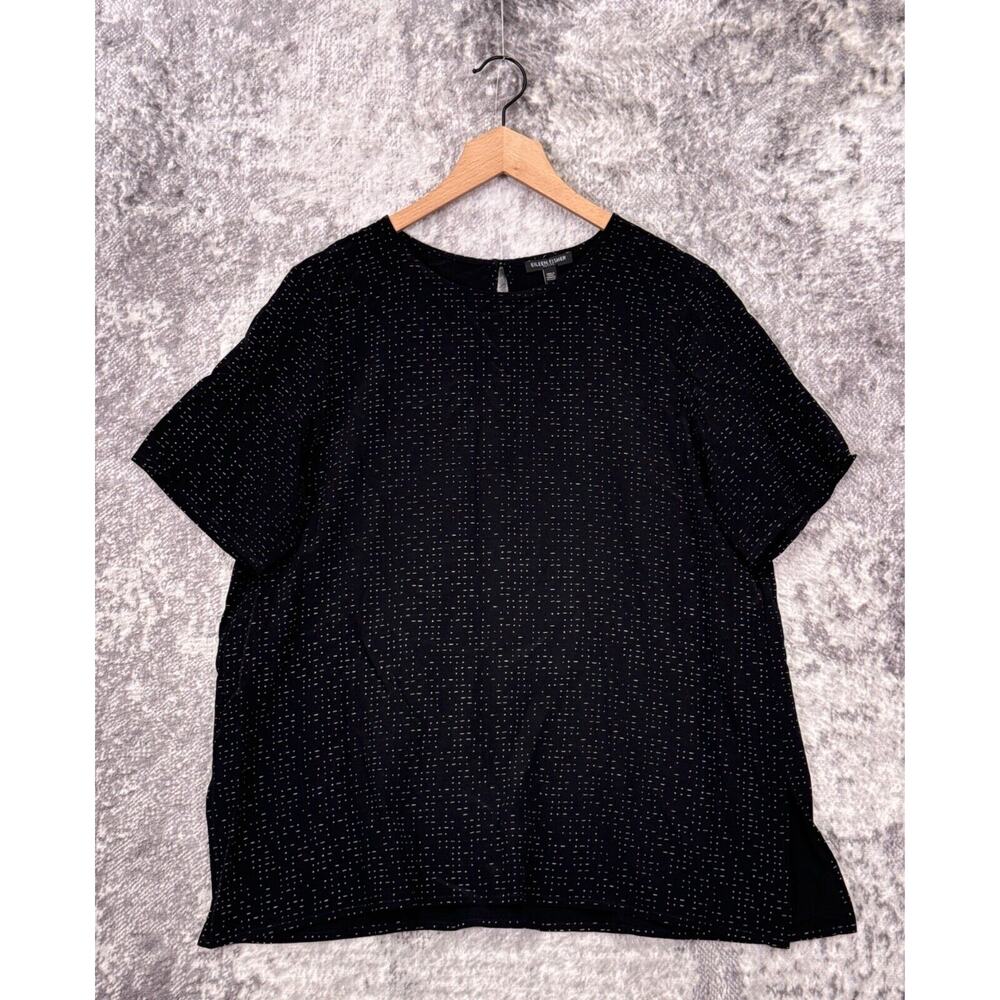 Eileen Fisher Top 14 Petite Womens Black Print Short Sleeve Tunic
